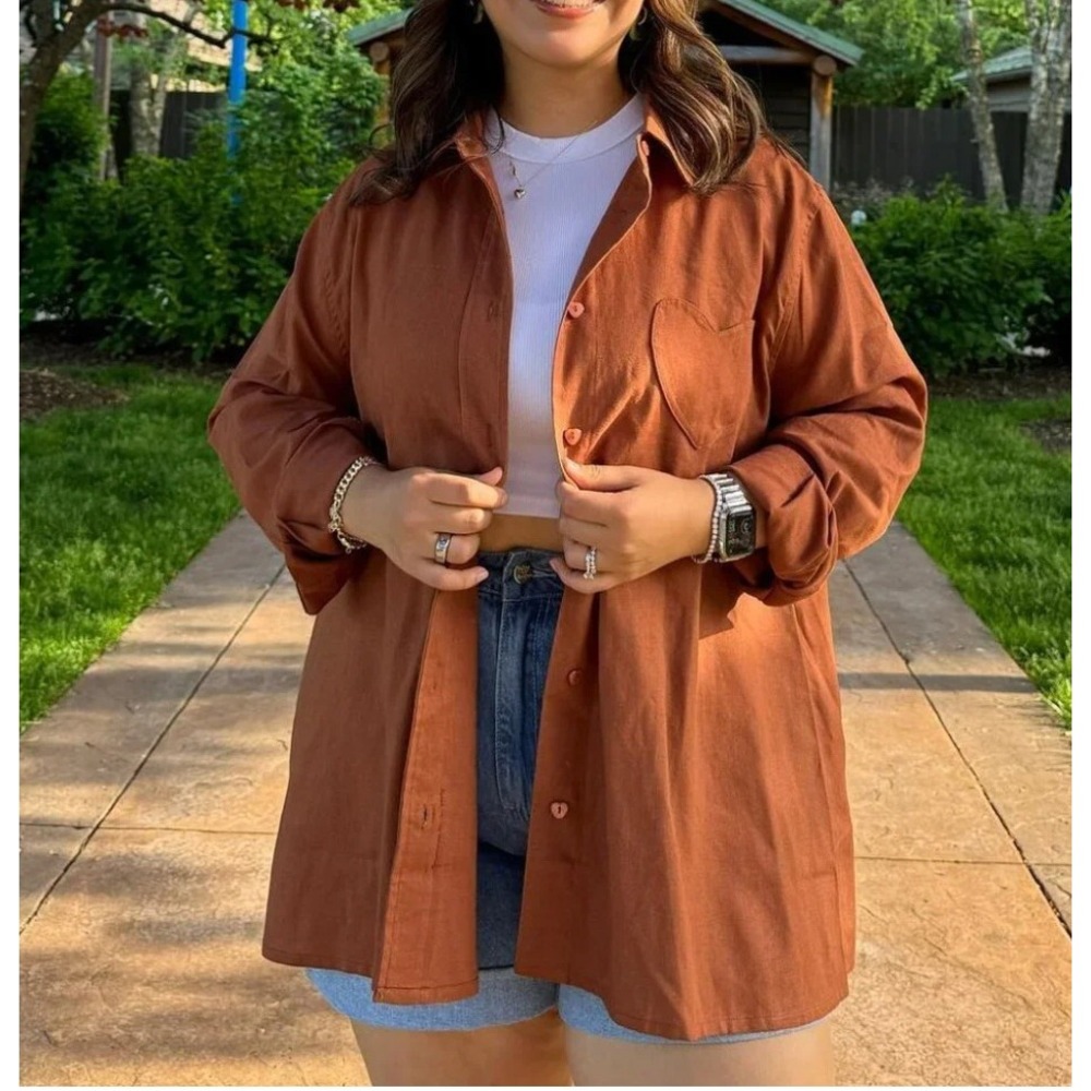 Shiny by Nature Button Down Shirt Womens 2XL Brown Linen Heart Buttons Pocket